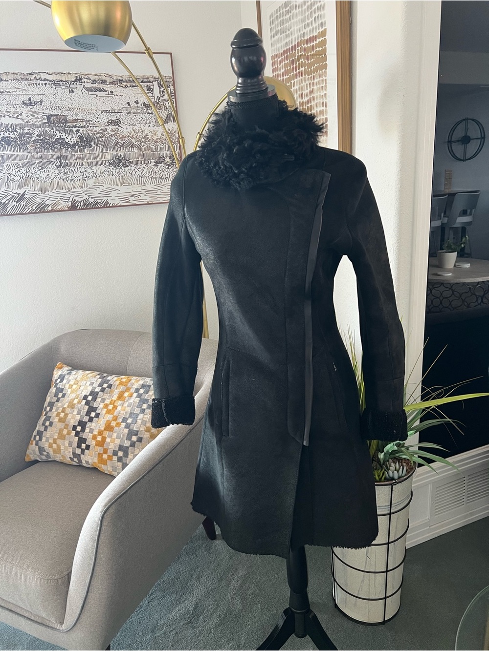 SAM. Black Shearling Trench Coat with Fur Collar